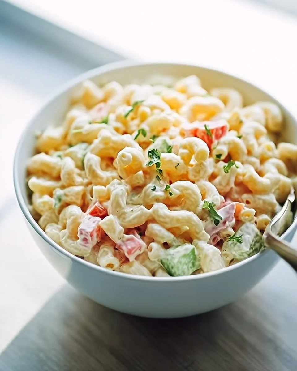 Classic macaroni salad served in a bowl, perfect for summer picnics.