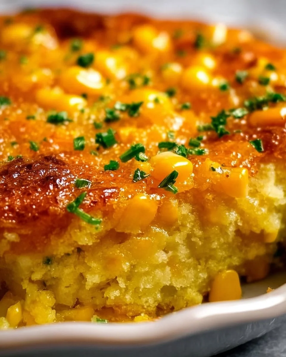 Delicious homemade Corn Casserole served in a baking dish