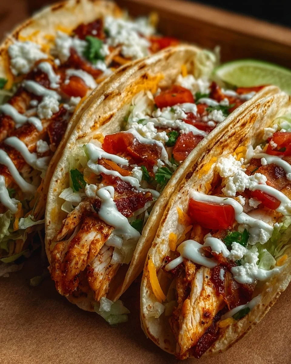 Creamy crack chicken tacos served with toppings in a colorful taco platter.