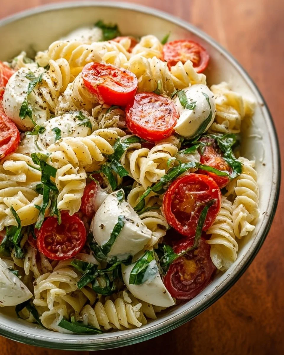 Creamy Caprese pasta salad with fresh tomatoes, mozzarella, and basil