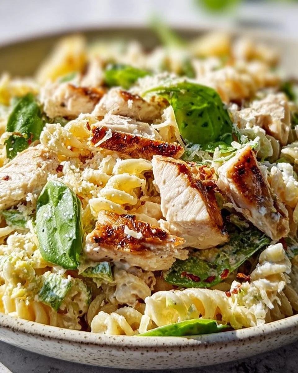 Creamy Chicken Caesar Pasta Salad with fresh ingredients in a bowl