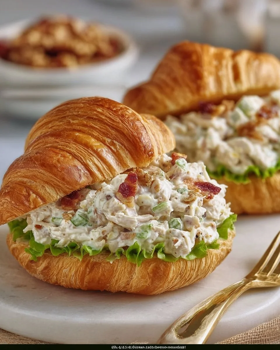 Creamy classic chicken salad croissant sandwich on a plate ready to serve.