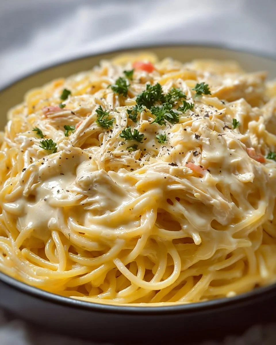 Creamy Crockpot chicken spaghetti served in a bowl with herbs