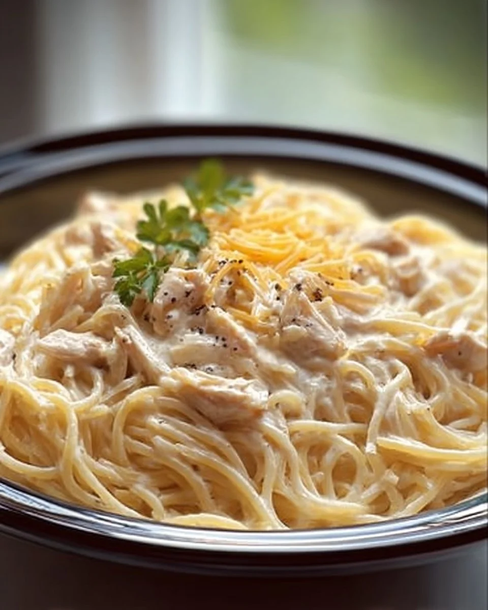 Creamy crockpot chicken spaghetti served in a bowl with herbs on top