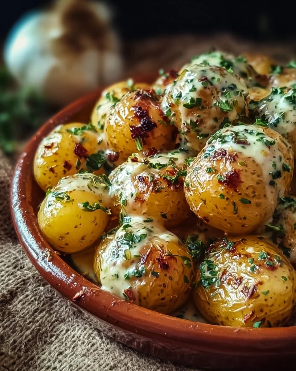 Creamy garlic baby potatoes served on a plate garnished with herbs.
