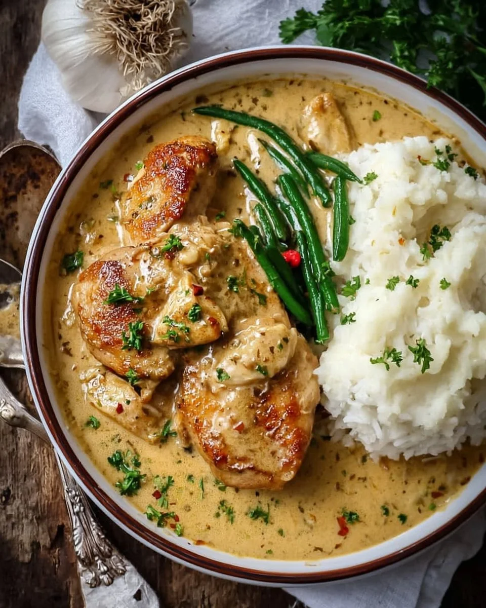 Creamy garlic chicken dish with fresh herbs and a creamy sauce.