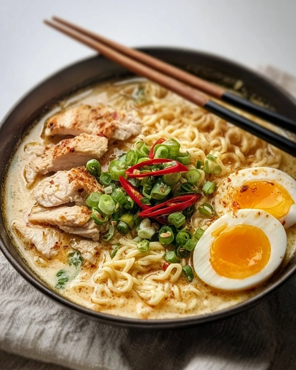 Delicious bowl of creamy garlic chicken ramen topped with herbs and noodles