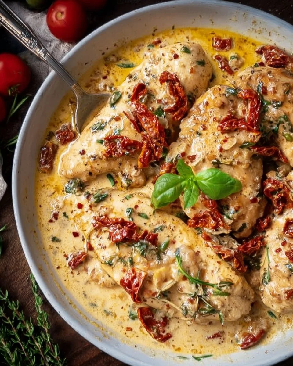Creamy Garlic Chicken with Sun-Dried Tomatoes served on a rustic table.