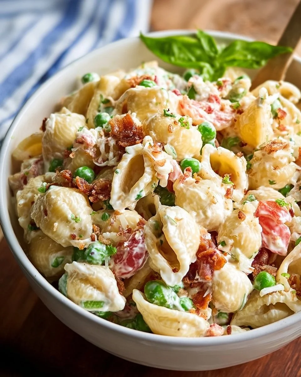 Creamy pasta salad with colorful vegetables and dressing in a bowl