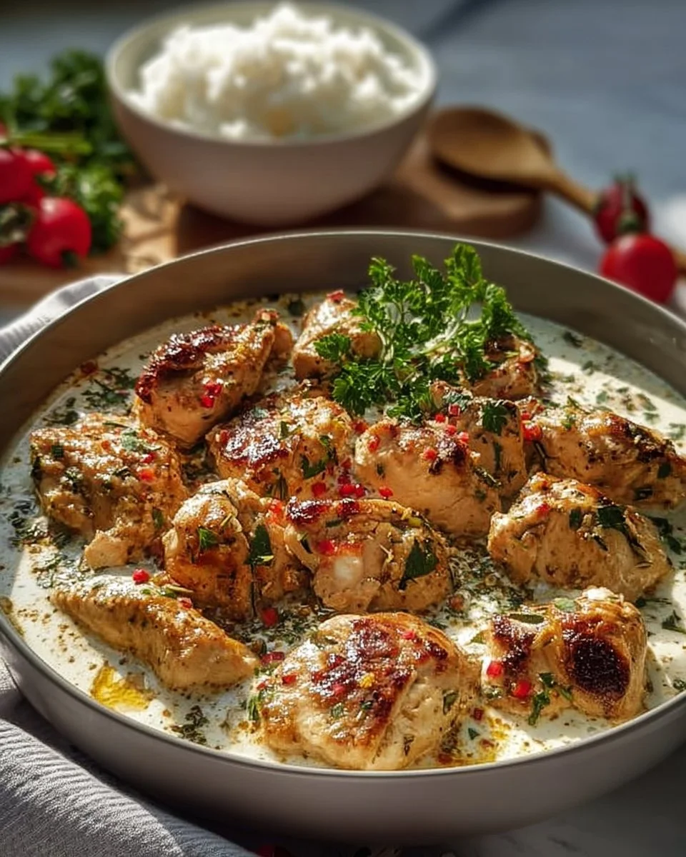 Creamy Turkish chicken dish with spices and herbs served on a plate
