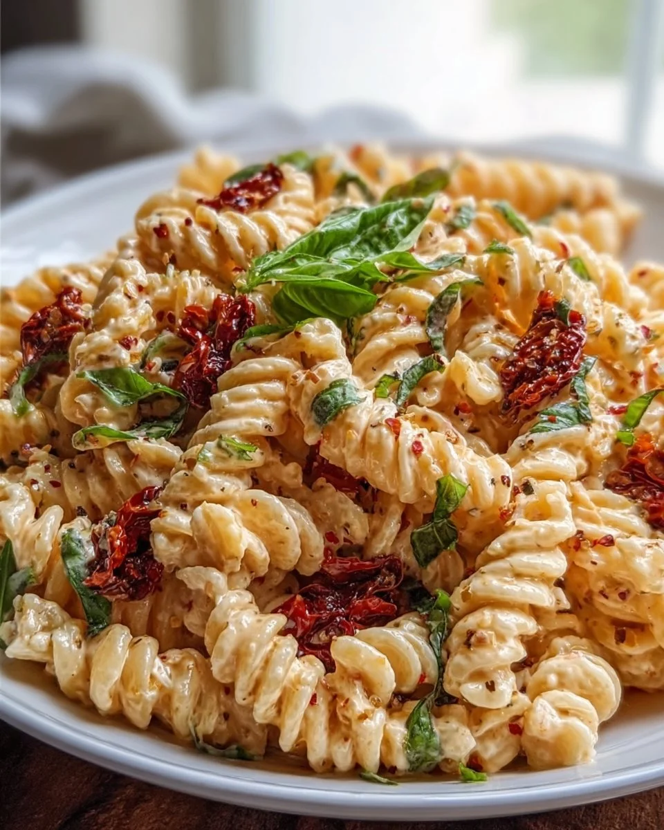 Creamy Tuscan Pasta Salad with sun-dried tomatoes and fresh basil