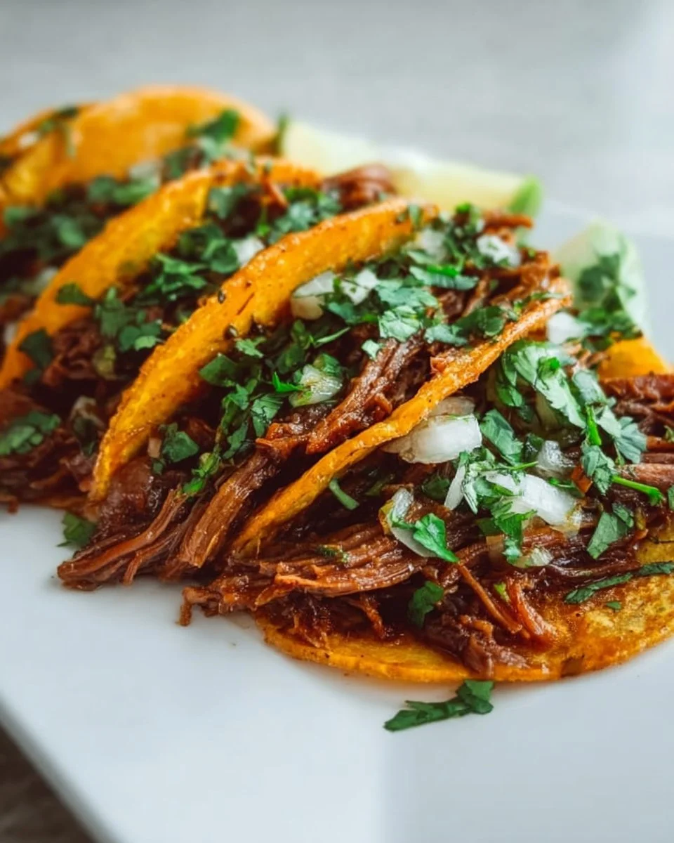 Delicious Crock Pot Birria Tacos served on a plate with toppings