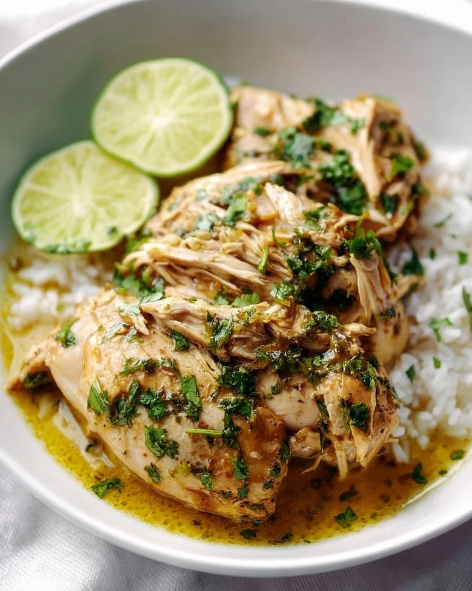 Crock Pot Cilantro Lime Chicken served with rice and fresh cilantro garnish