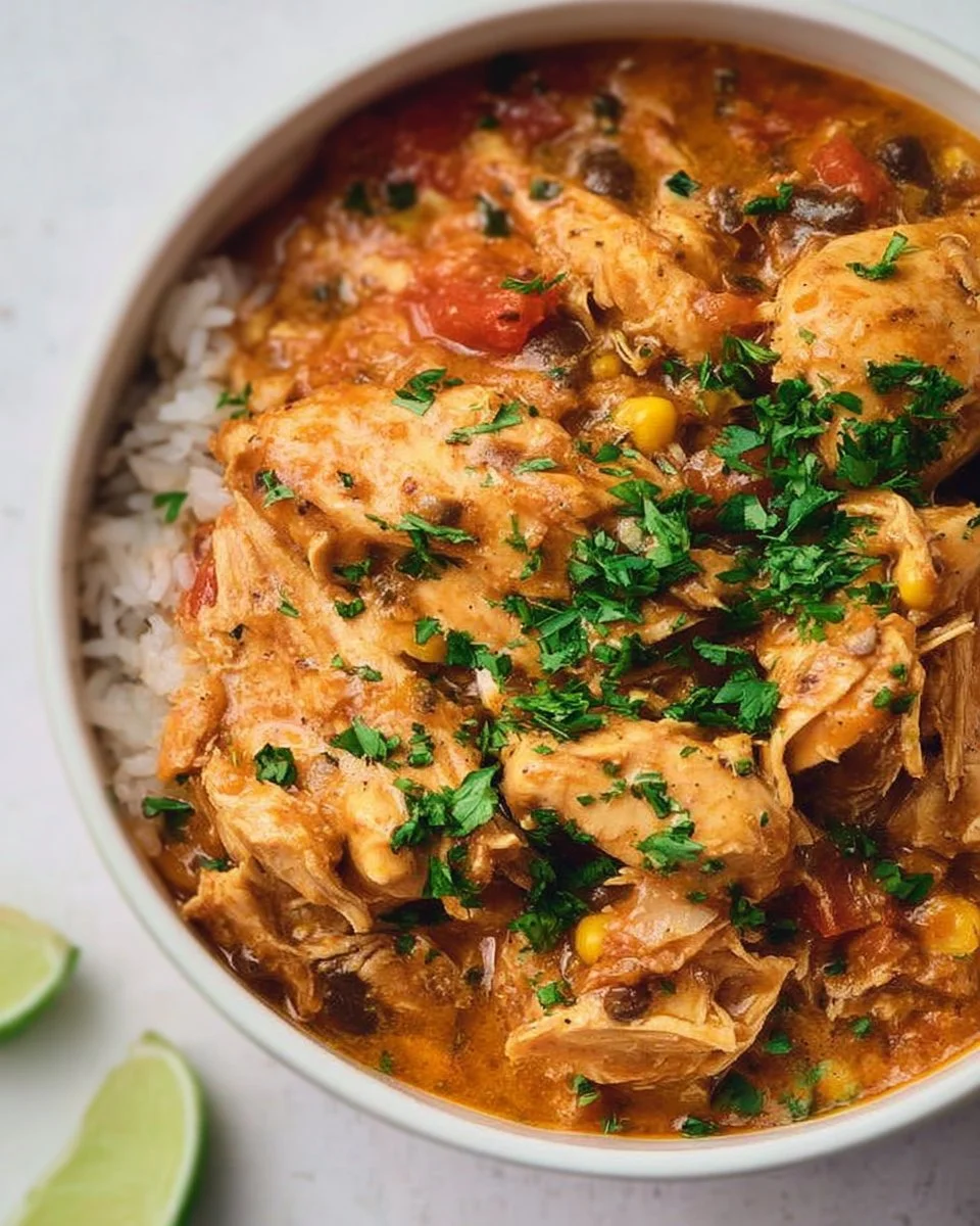 Delicious Crock Pot Fiesta Chicken garnished with fresh cilantro and lime.