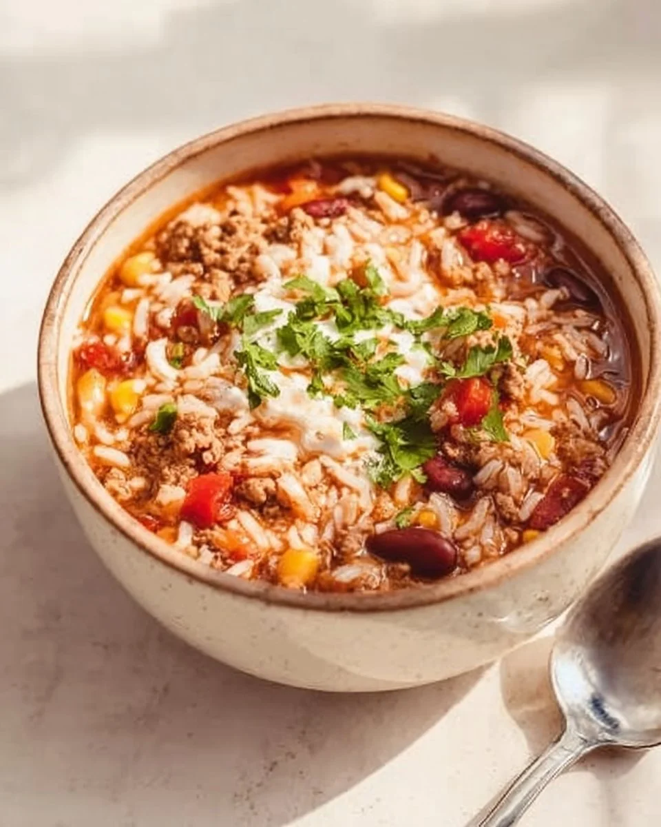 A steaming bowl of Crock Pot Taco Rice Soup garnished with cheese and cilantro.