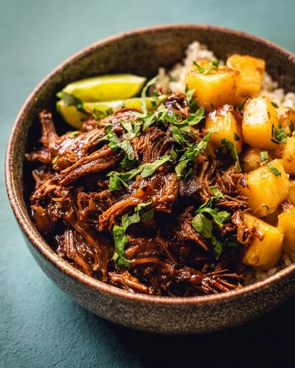 Crockpot Chipotle Pineapple Pot Roast Bowl served in a rustic dish
