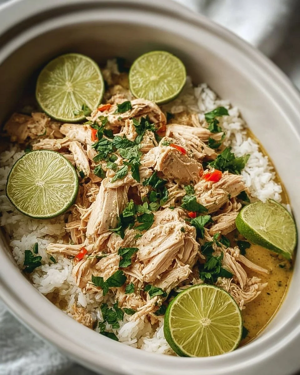 Delicious Crockpot Coconut Lime Chicken dish served with fresh lime and coconut