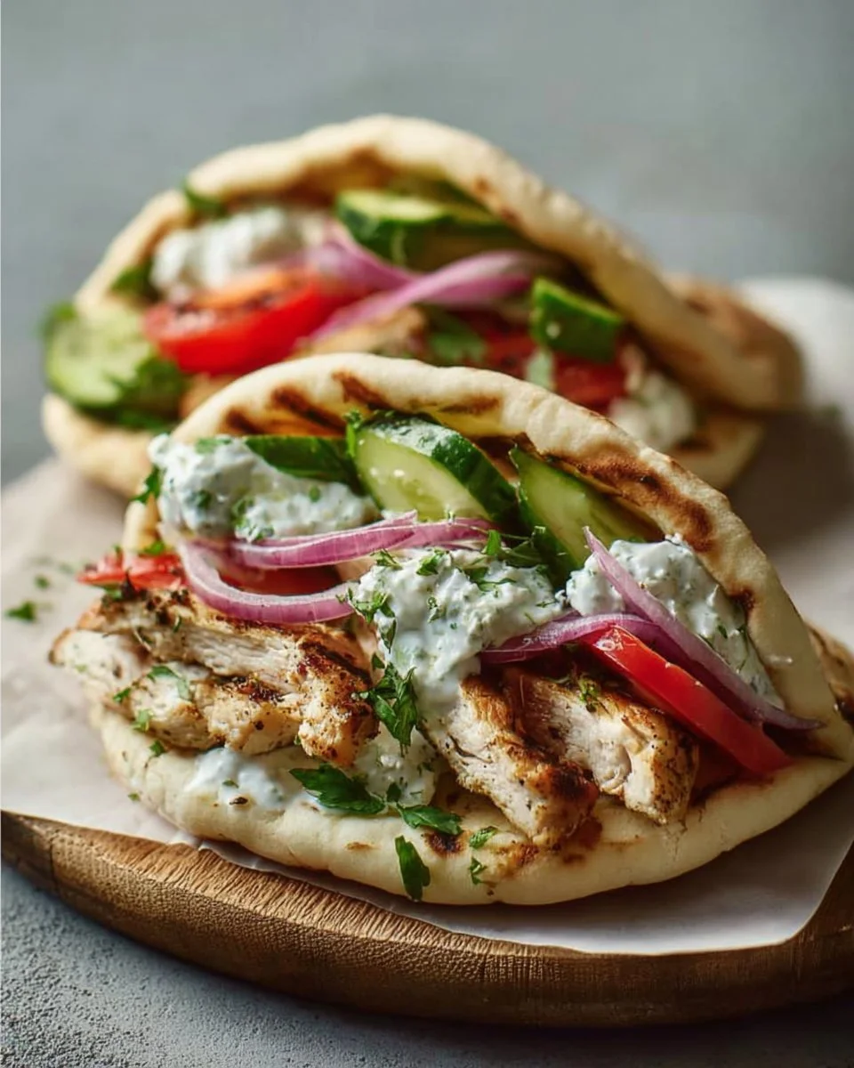 Delicious Crockpot Greek Chicken Pitas with fresh toppings in a pita bread