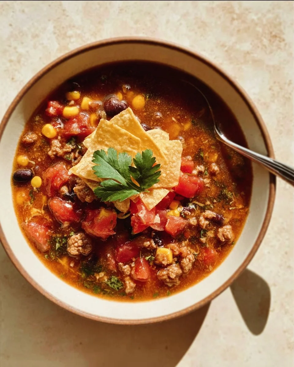Delicious crockpot taco soup served in a bowl with toppings.
