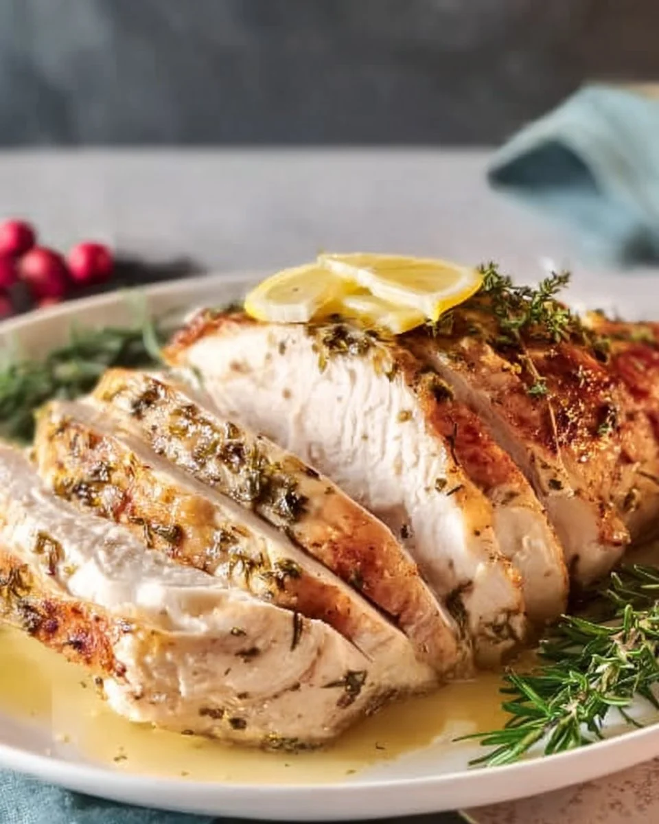 Crockpot turkey breast cooked to perfection with herbs and spices.