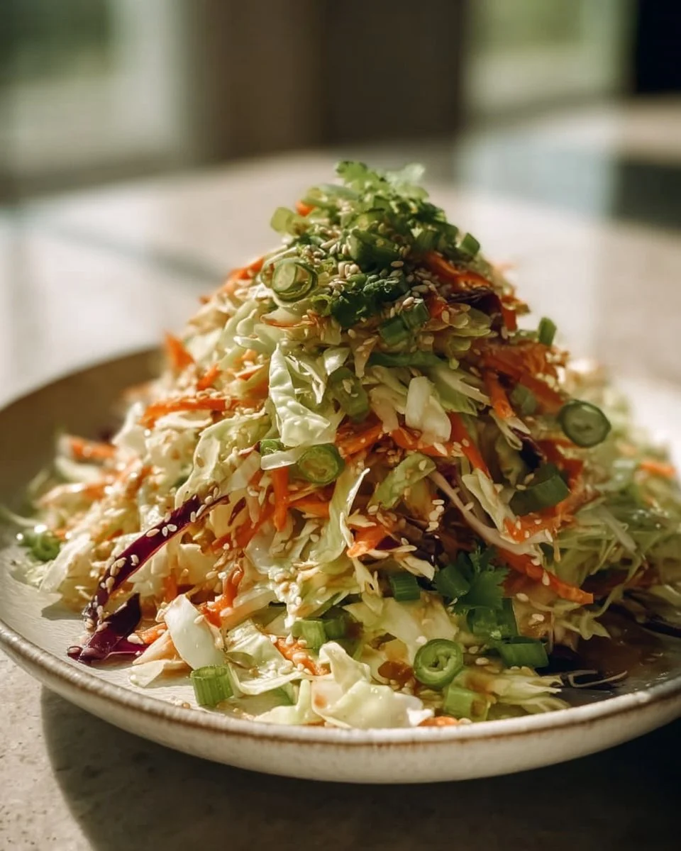 Crunchy Asian Cabbage Slaw with sesame dressing served in a bowl