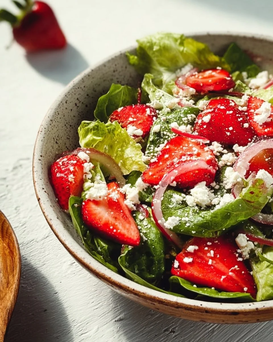 Crunchy strawberry romaine salad topped with feta cheese and fresh ingredients