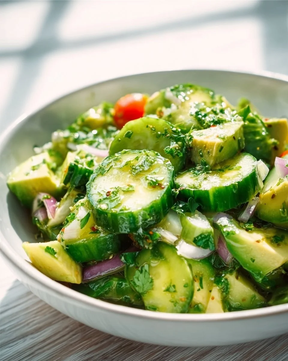 Fresh Cucumber Avocado Salad with vibrant greens and salad dressing