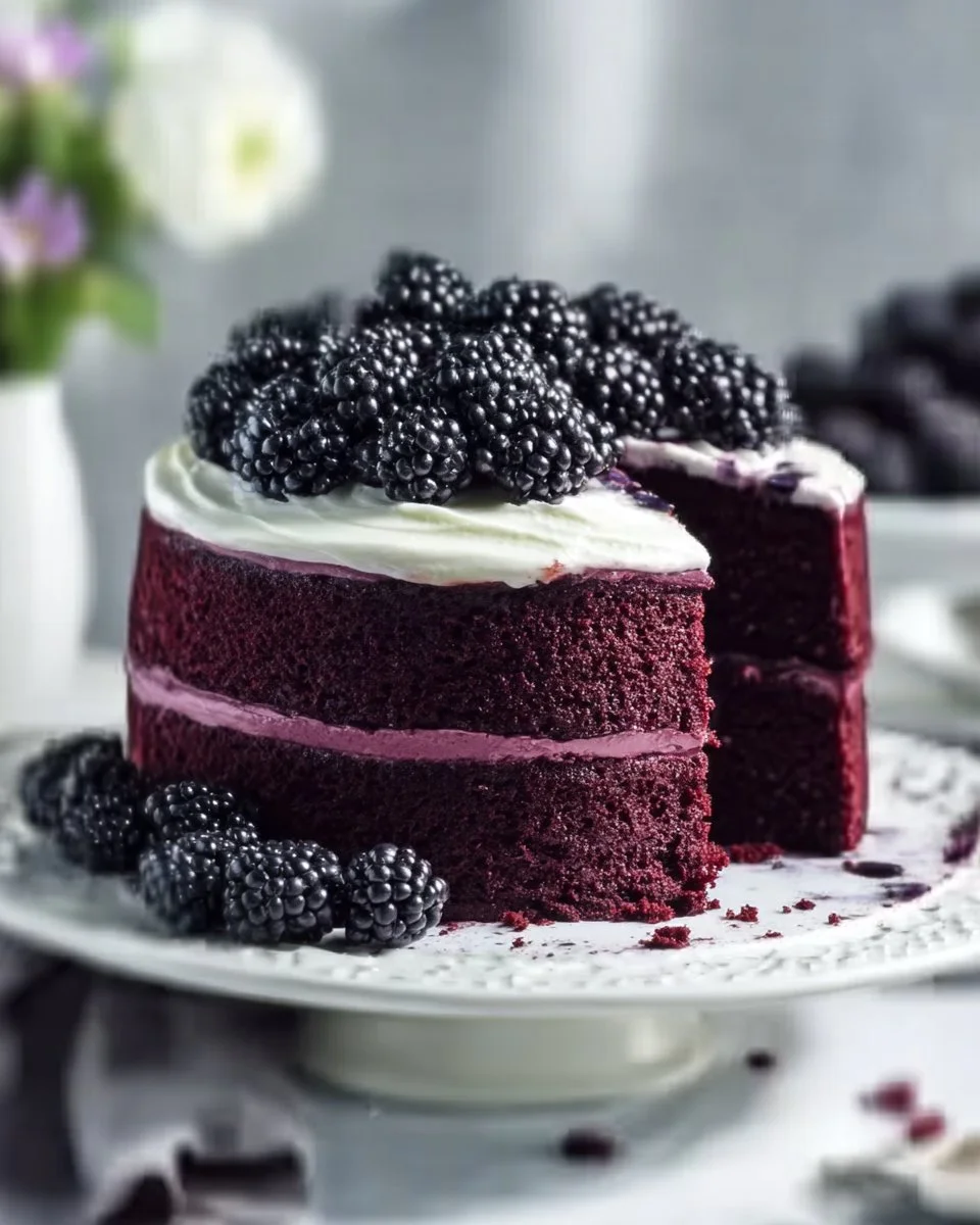 Decadent blackberry velvet cake topped with fresh berries and cream