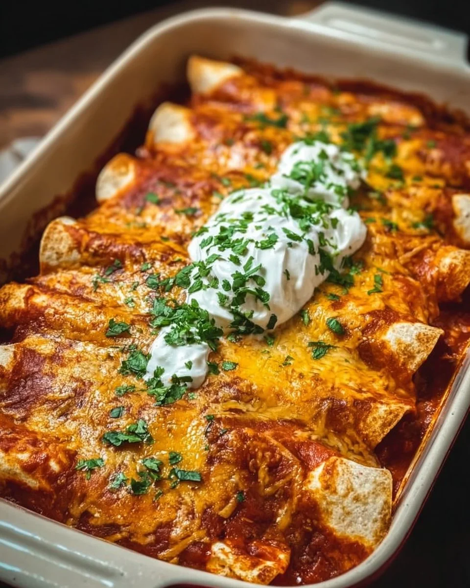 Plate of delicious chicken enchiladas topped with cheese and garnished with cilantro