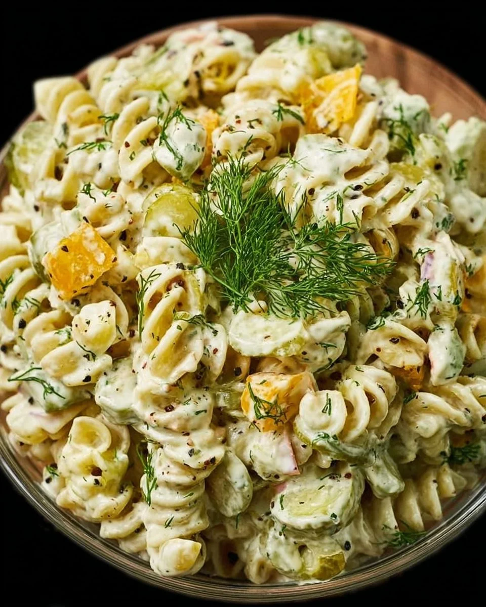 Dill Pickle Pasta Salad served in a bowl with garnishes