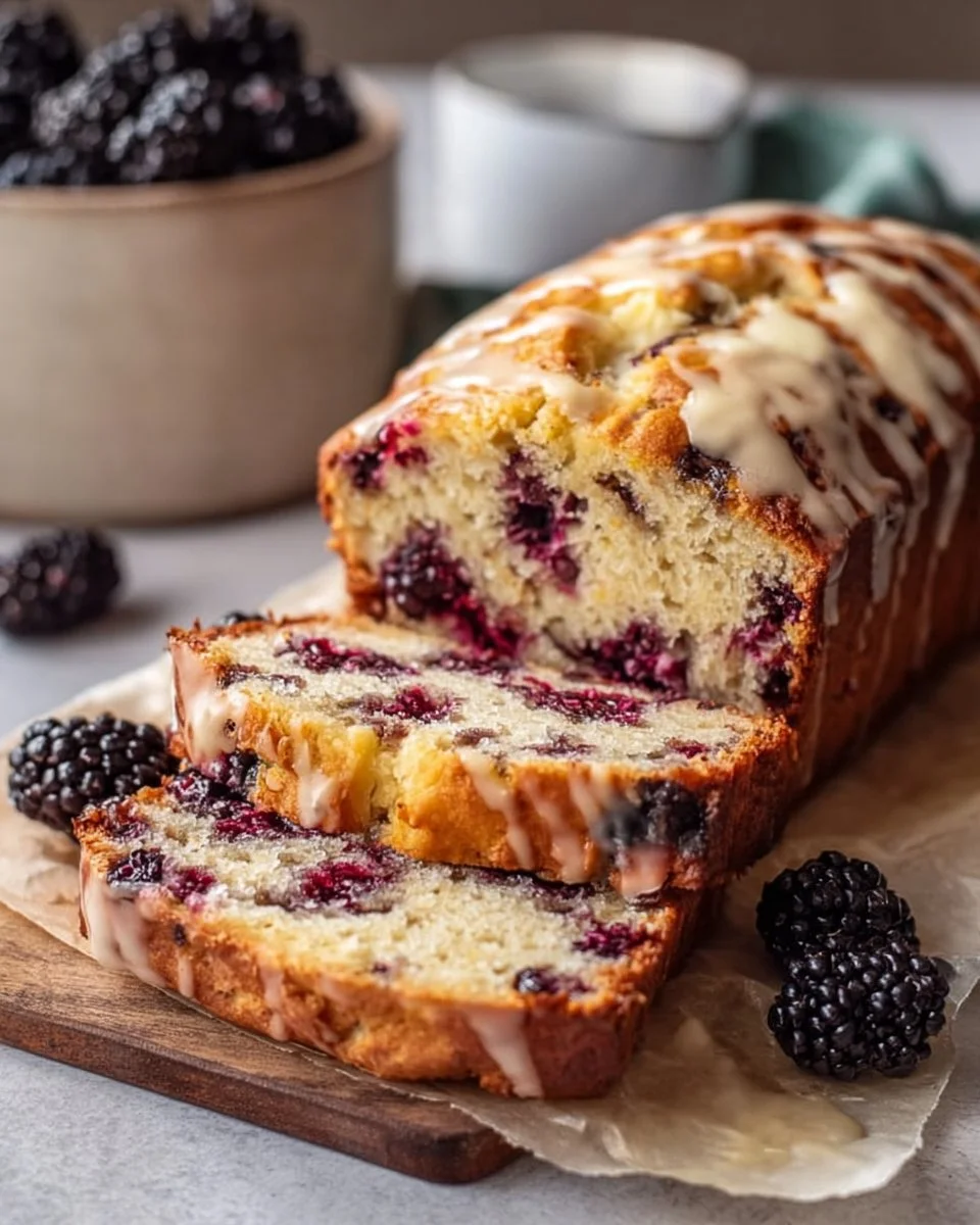 Freshly baked blackberry quick bread on a wooden table.