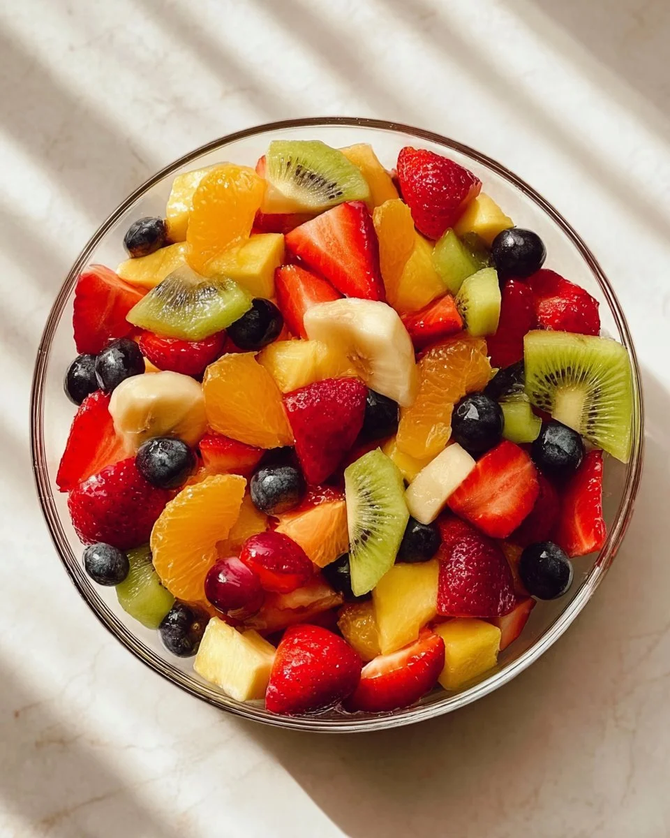 A vibrant bowl of easy fruit salad with assorted fresh fruits