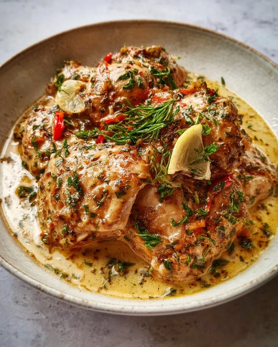Slow Cooker Greek Chicken served with herbs and vegetables