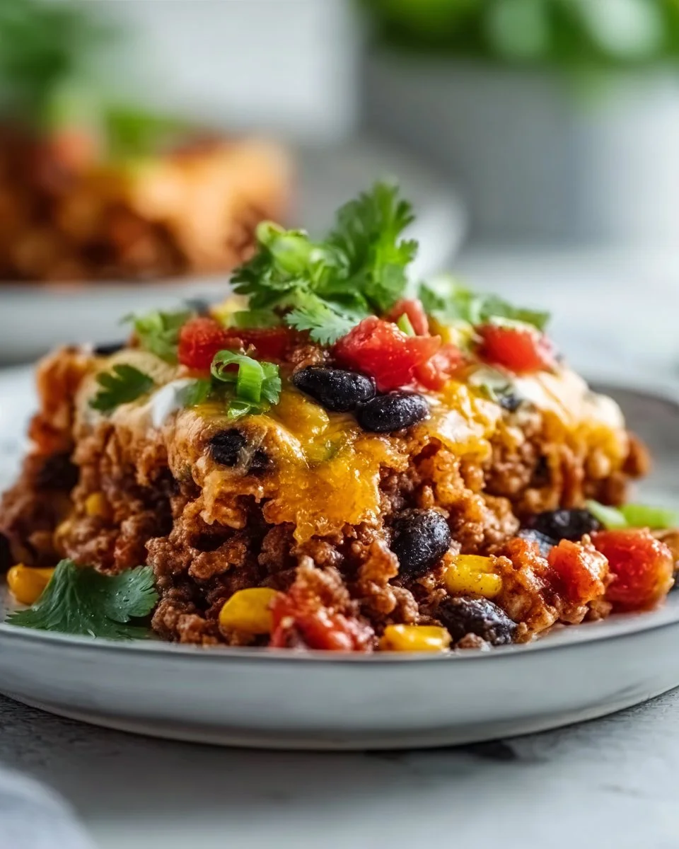 Delicious and easy taco casserole served in a baking dish