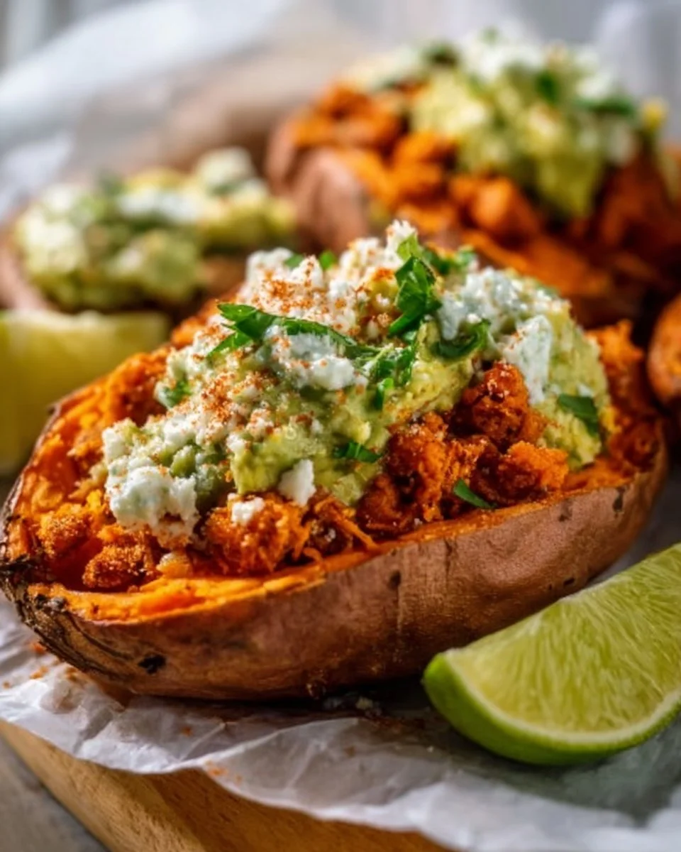 Easy taco stuffed sweet potatoes dish topped with avocado and cilantro