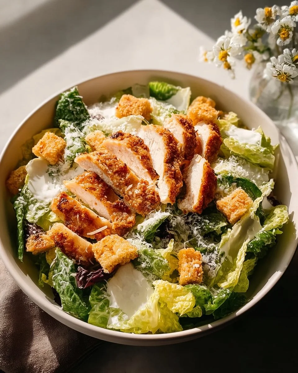 Extra Crispy Chicken Caesar Salad with greens, croutons, and dressing