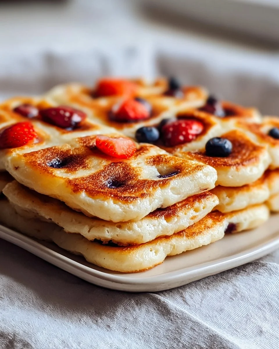 Fluffy sheet pan pancakes baked on a large baking sheet, topped with syrup and berries.