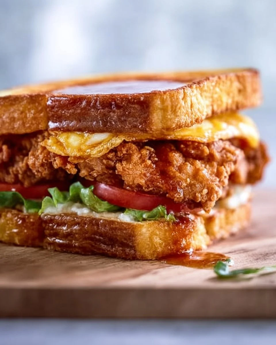 Delicious French Toast Fried Chicken Sandwich on a plate with syrup and toppings