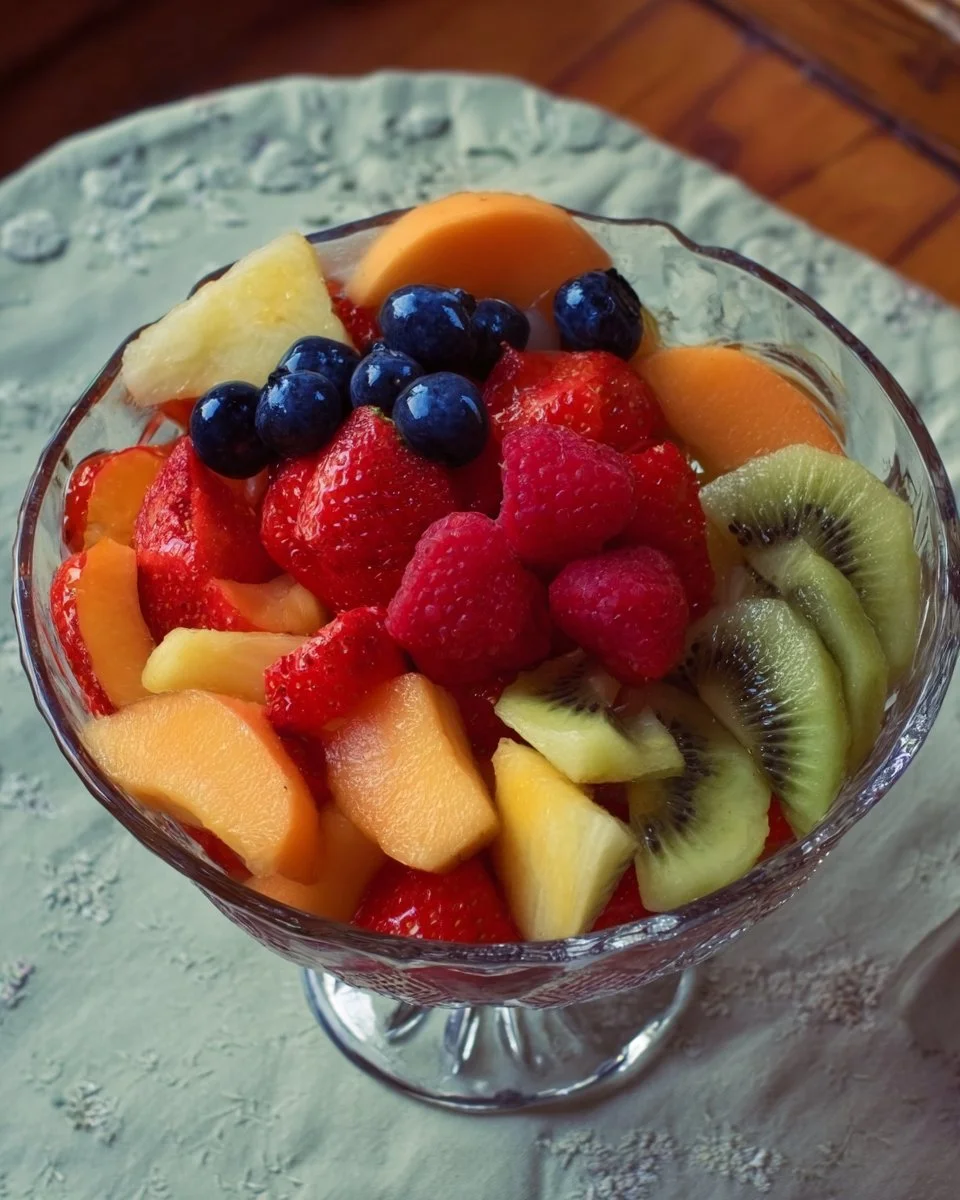 Colorful bowl of fresh fruit salad with various fruits served