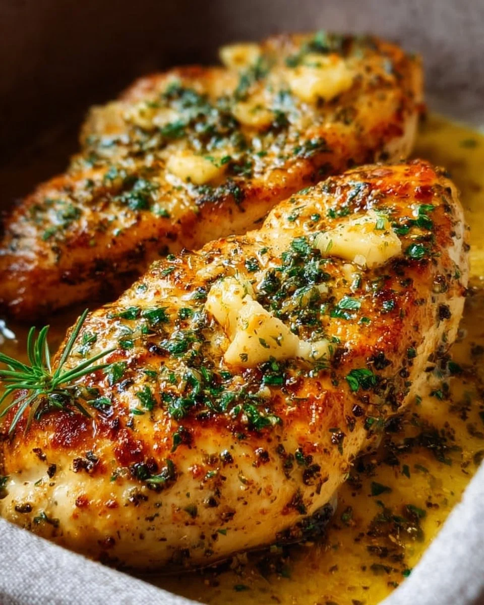 Garlic butter baked chicken breast garnished with herbs on a plate