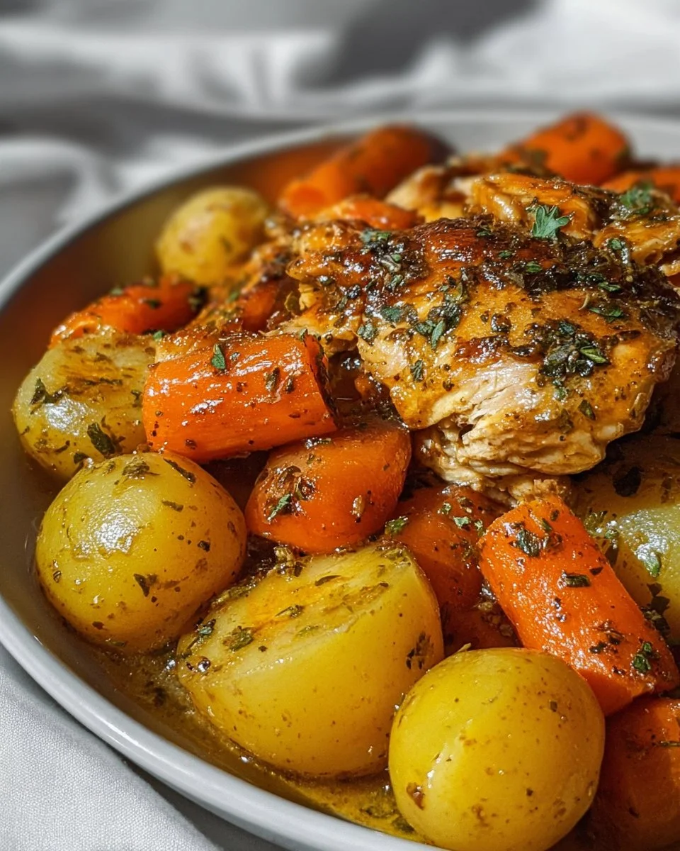 Garlic Butter Chicken with Potatoes and Carrots on a plate