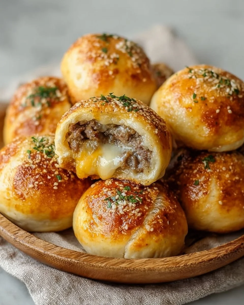 Garlic Parmesan Cheeseburger Bombs served on a wooden platter