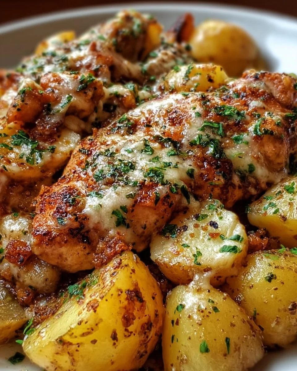 Delicious Garlic Parmesan Chicken served with roasted potatoes