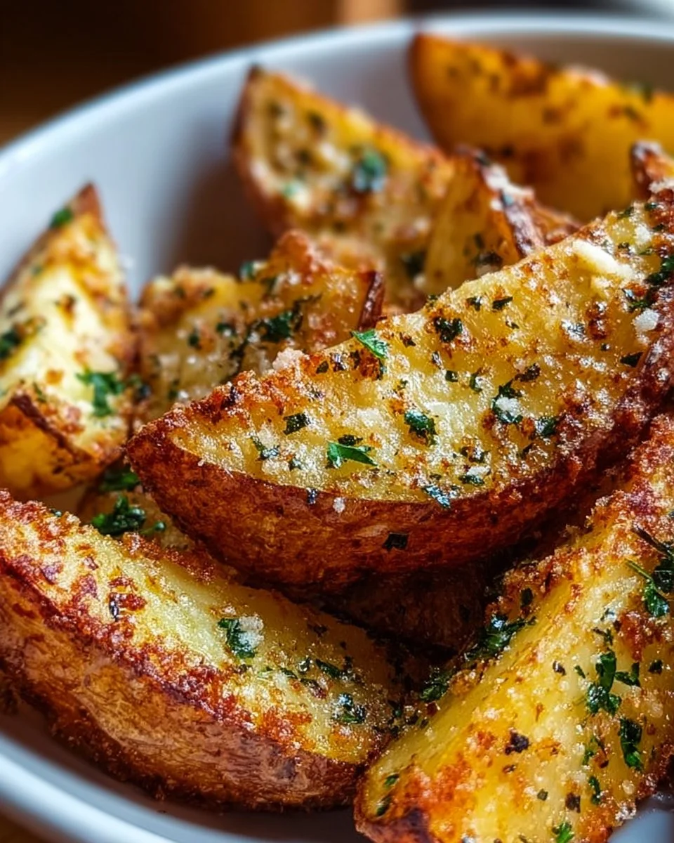 Garlic Parmesan potato wedges served in a bowl, golden and crispy.