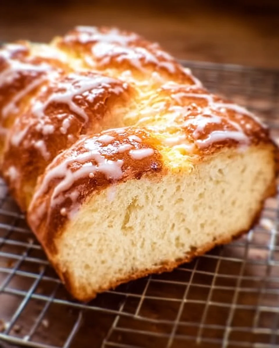 Freshly baked glazed Easter bread with a shiny topping.