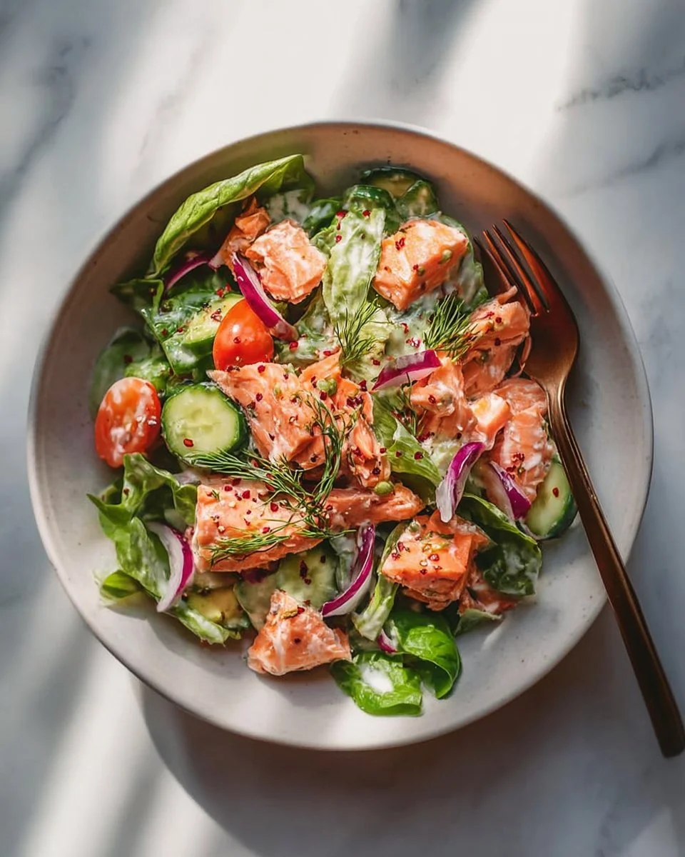 Gluten-free flaky salmon salad served in a bowl, garnished with fresh vegetables.