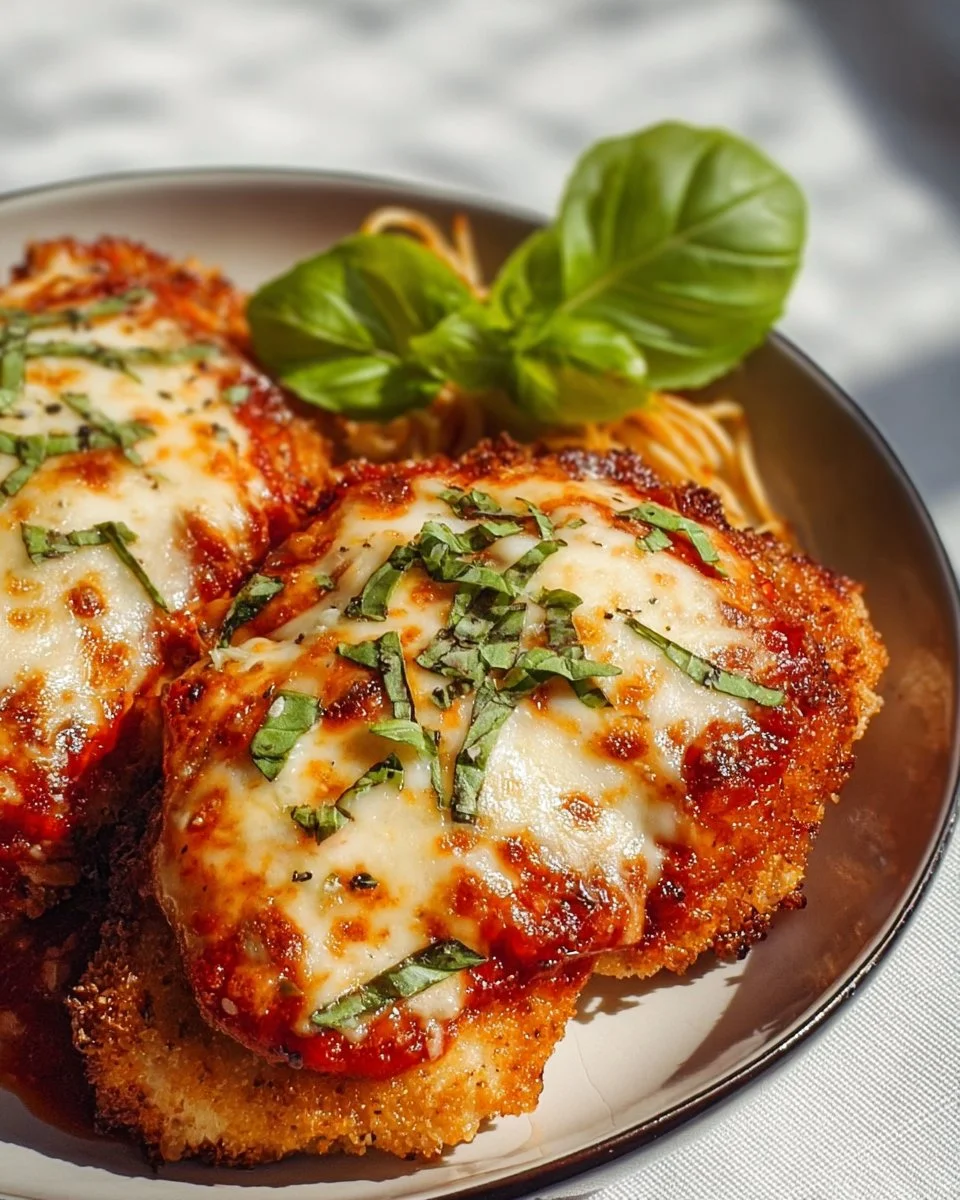 Healthy Chicken Parmesan served on a plate with fresh basil and marinara sauce