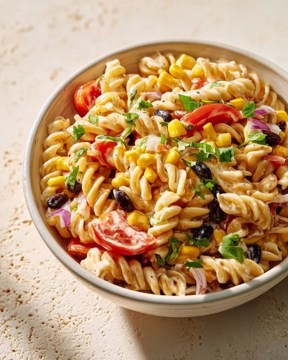 High Protein Southwest Pasta Salad with colorful vegetables and pasta