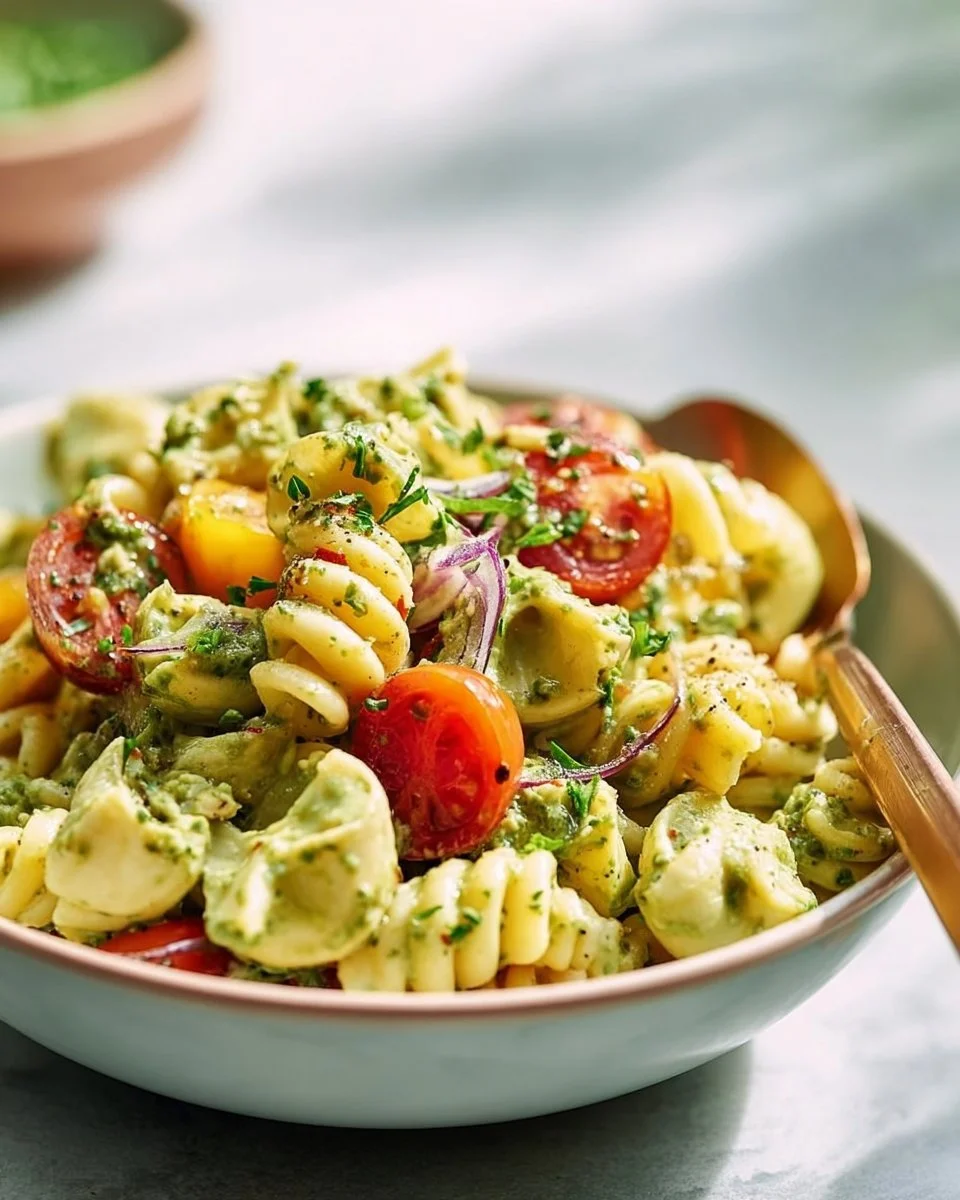 High protein vegan avocado pasta salad in a bowl with fresh ingredients.