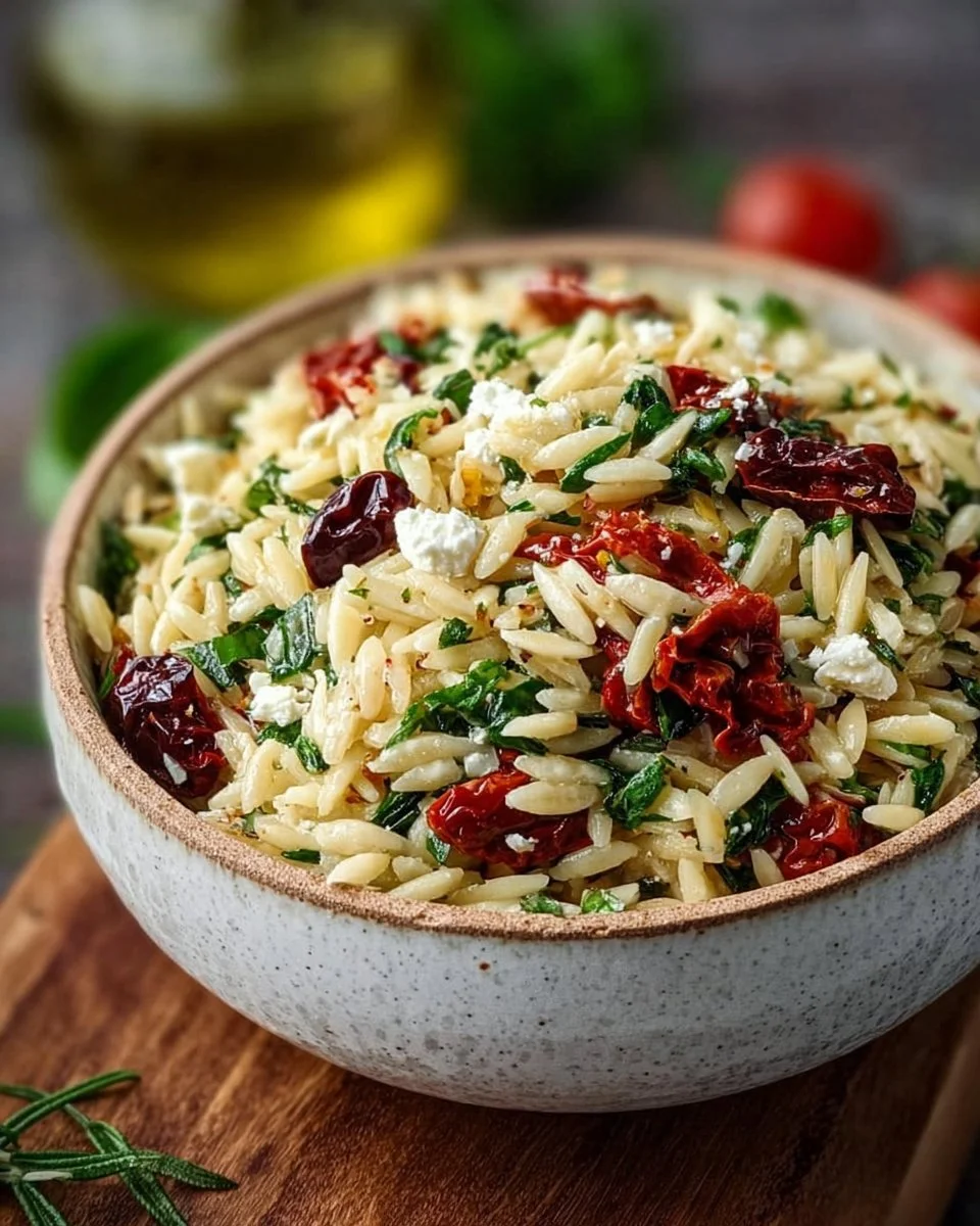 Delicious homemade orzo pasta salad with feta cheese and sun dried tomatoes